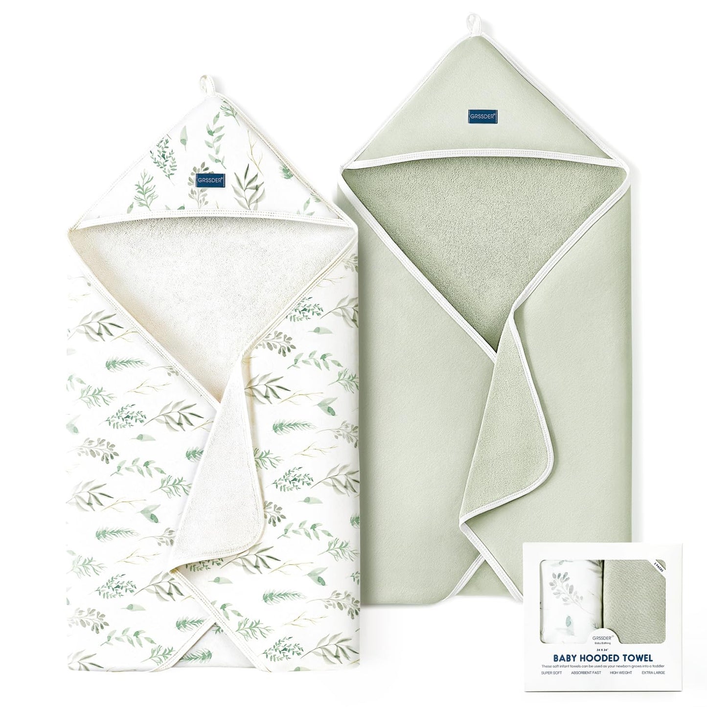 GRSSDER Baby Hooded Towel 2 Pack for Newborn, Super Soft Bath Towels with Original Design, Ultra Absorbent Knit Terry, Large Toddler Towels with Hood for Girls, Shower Gifts for Infant, 34"x 34"