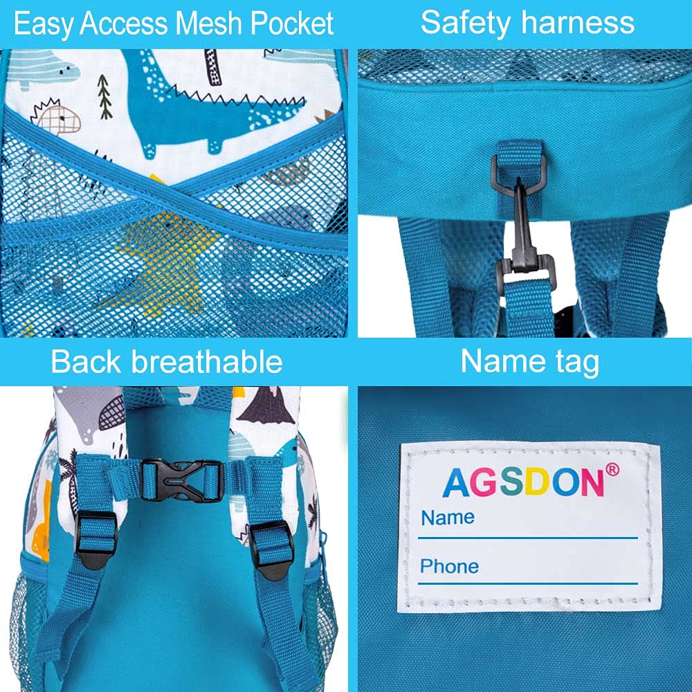 AGSDON Toddler Backpack Leash, 9.5" Safety Harness Dinosaur Bag - Removable Tether