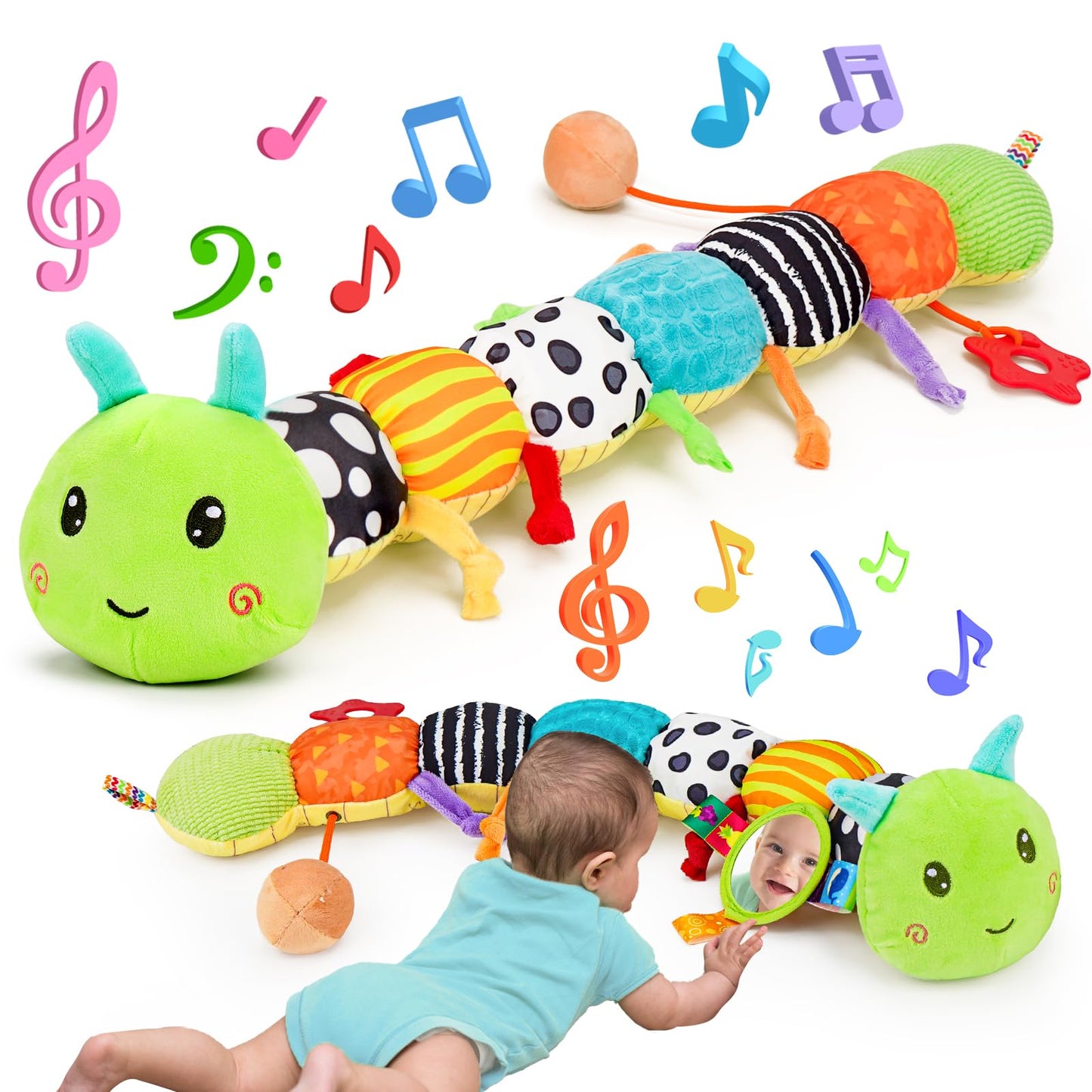 Baby Sensory Toy 0-6 Month Music Animal Stuffed Plush Caterpillar Toy for Infant 0-3-6 Month Tummy Time with Baby Mirror Crinkle Rattle for 6-12 Month Carseat Toy for Newborn Boys Girls Shower Gifts
