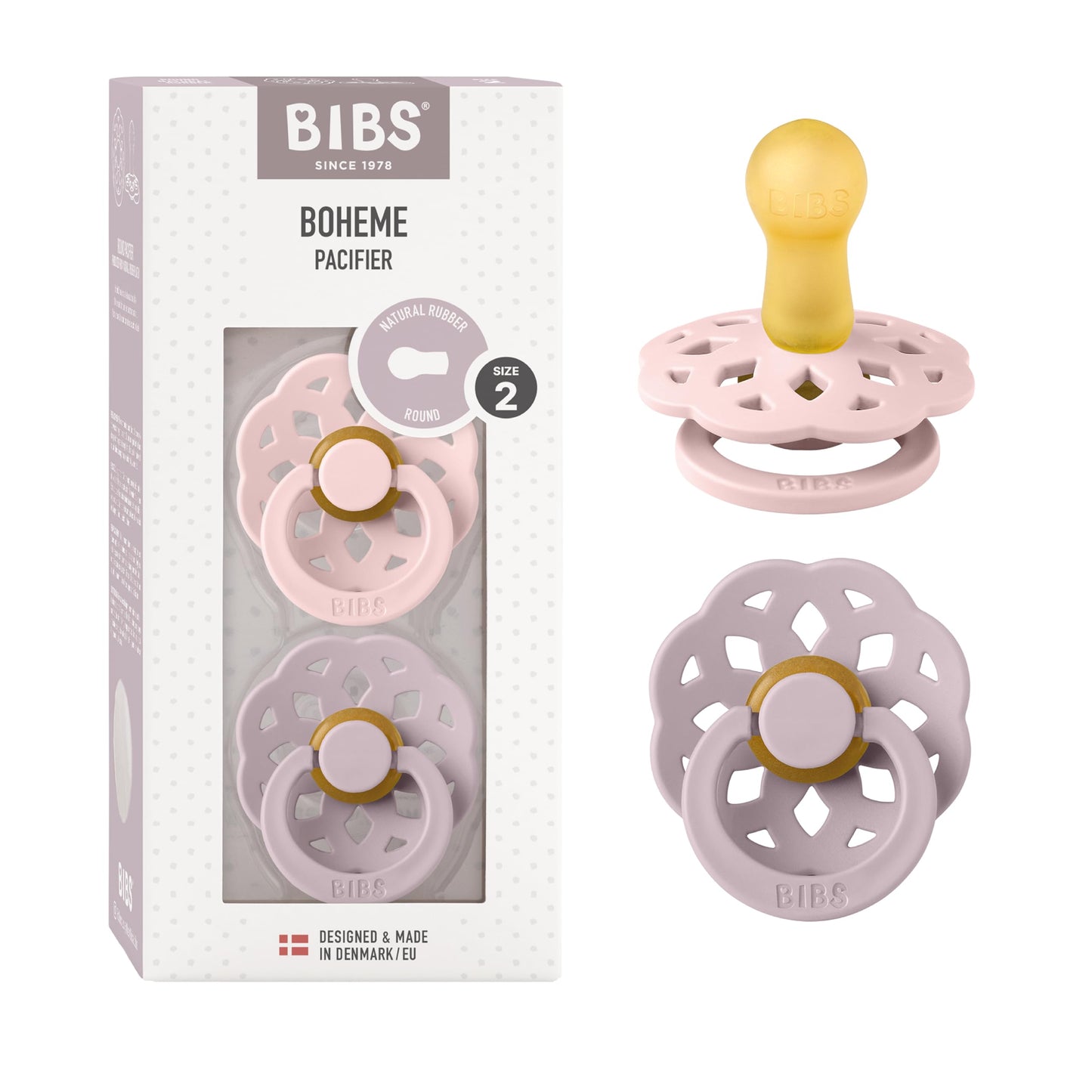 BIBS Pacifiers - Boheme Collection | BPA-Free Baby Pacifier | Made in Denmark | Set of 2 Ivory/Blossom Color Premium Soothers | Size 0-6 Months