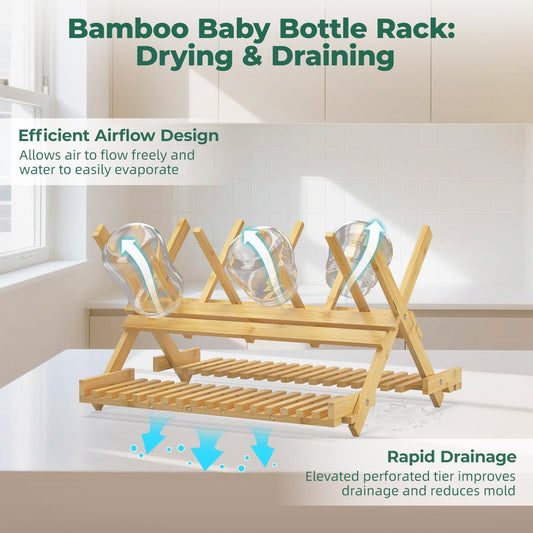 EsLuker.ly Baby Bottle Drying Rack, Bamboo Vertical Dryer Holder Organizer for Kitchen Countertop, Space Saving Foldable Baby Glass Milk Bottle Drain Storage Shelf for New Parents Family, No Assembly