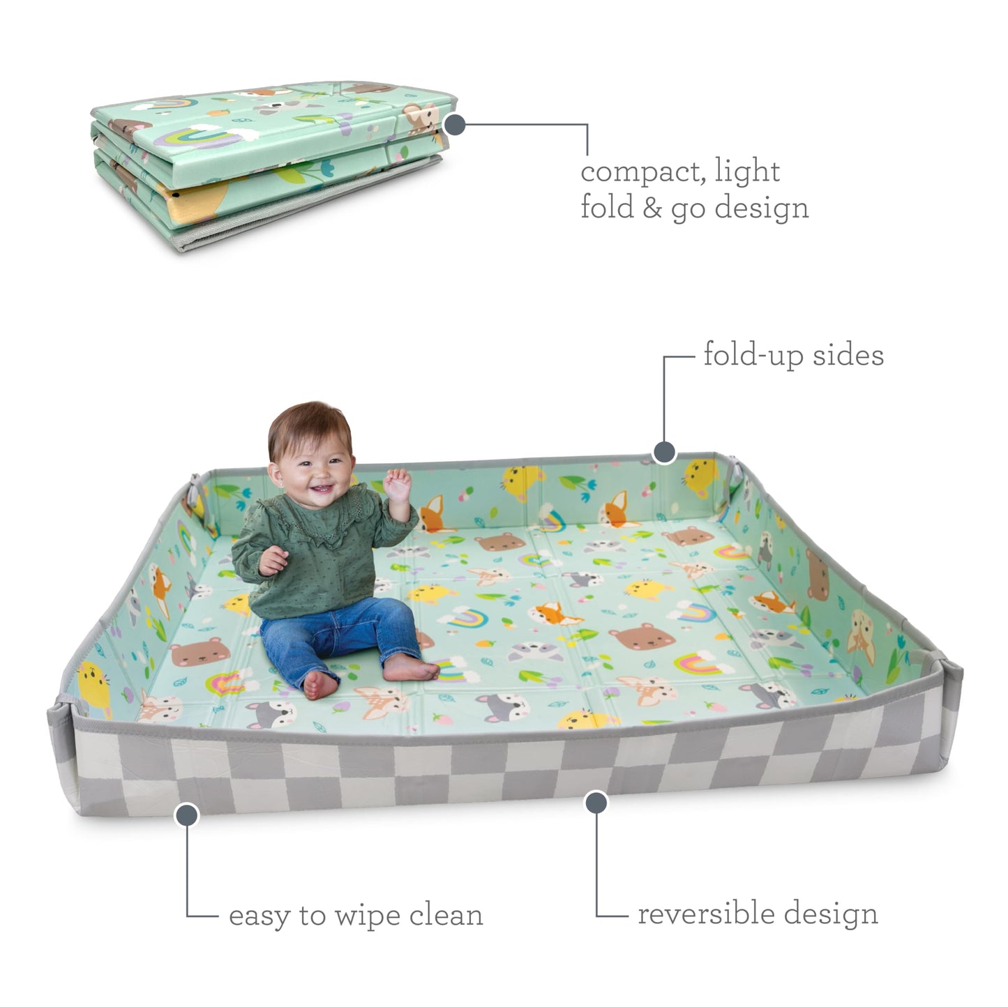 Infantino Foldable Soft Foam Mat, Extra Large Double-Sided Cushioned Portable Play Mat with Fold-Up Sides, Non Slip Crawling & Playing for Infants and Toddlers, Rainbows