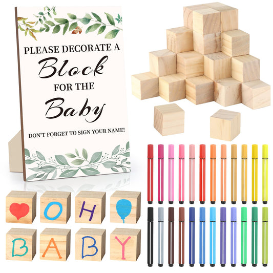 Baby Shower Games Sign Kit with 50 Blank Wooden Baby Blocks, 24 Acrylic Paint Marker and Wooden Sign, Blocks for Baby Shower, Gender Reveals Party(Green)