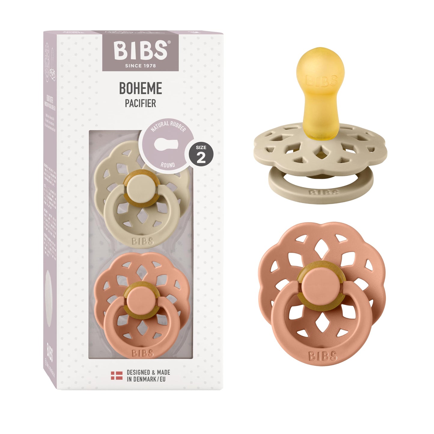 BIBS Pacifiers - Boheme Collection | BPA-Free Baby Pacifier | Made in Denmark | Set of 2 Ivory/Blossom Color Premium Soothers | Size 0-6 Months