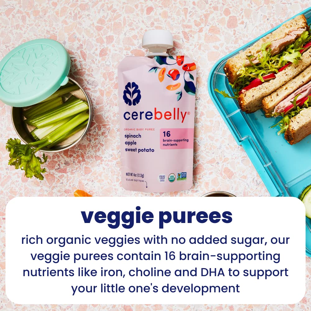 Cerebelly Organic Baby Food Pouches Variety Pack – Organic Veggie Purees for Toddlers | No Added Sugar, Fiber, Non-GMO | Blended Toddler Pouches | 4 Ounce BPA-Free Pouch | 4 Flavors | 8 Count
