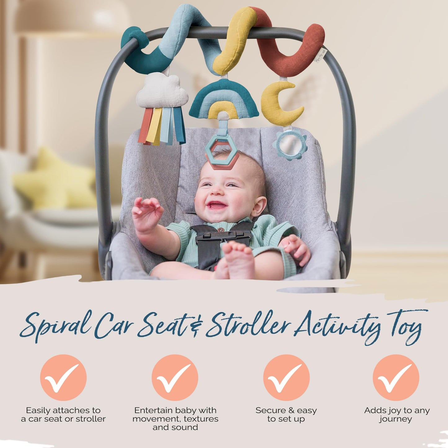 Itzy Ritzy Spiral Car Seat & Stroller Activity Toy - Stroller & Car Seat Toys for Ages 0 Months and Up - Hanging Toys Include Dangling Ring, Mirror and Textured Ribbons (Pastel Rainbow)