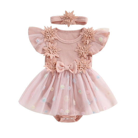 Hnyenmcko Newborn Baby Girl Summer Romper Dress Infant Fly Sleeve Flower Embroidery Mesh Tulle Skirt Hem Ribbed Bodysuit
