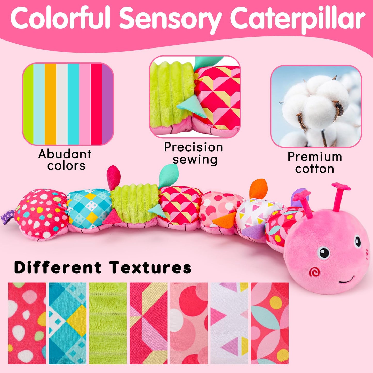 Baby Sensory Toy 0-6 Month Music Animal Stuffed Plush Caterpillar Toy for Infant 0-3-6 Month Tummy Time with Baby Mirror Crinkle Rattle for 6-12 Month Carseat Toy for Newborn Boys Girls Shower Gifts