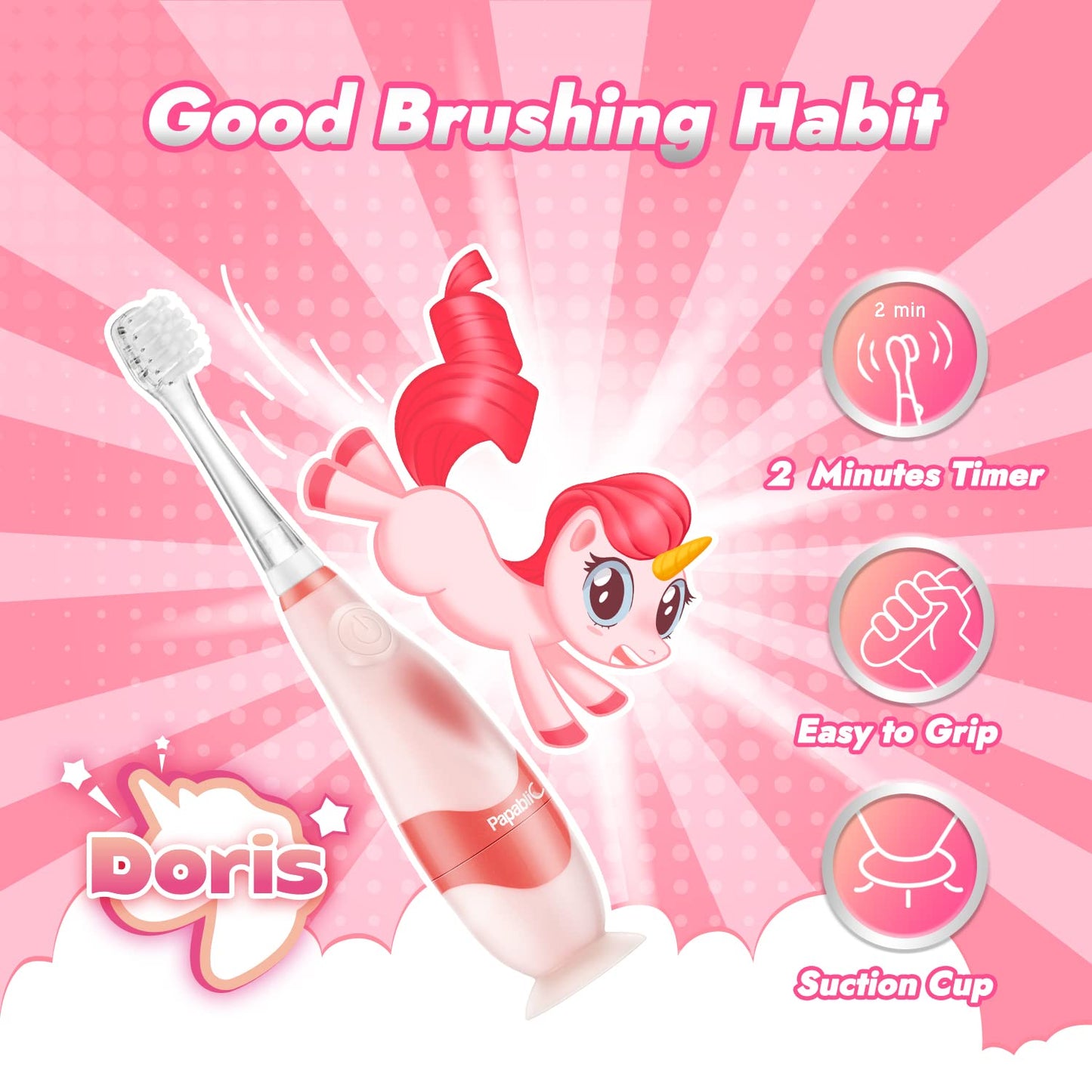 Papablic Toddler Sonic Electric Toothbrush Kids for Ages 1-3 Years, Baby Electric Toothbrush with Cute Unicorn Cover and Smart LED Timer, 4 Brush Heads (Doris)