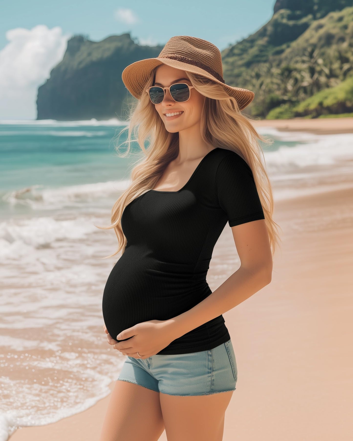 Huukeay 4 Pack Women's Maternity Shirts Cotton Ribbed Short Sleeve Square Neck Pregnancy Tops Side Ruched Summer Tee
