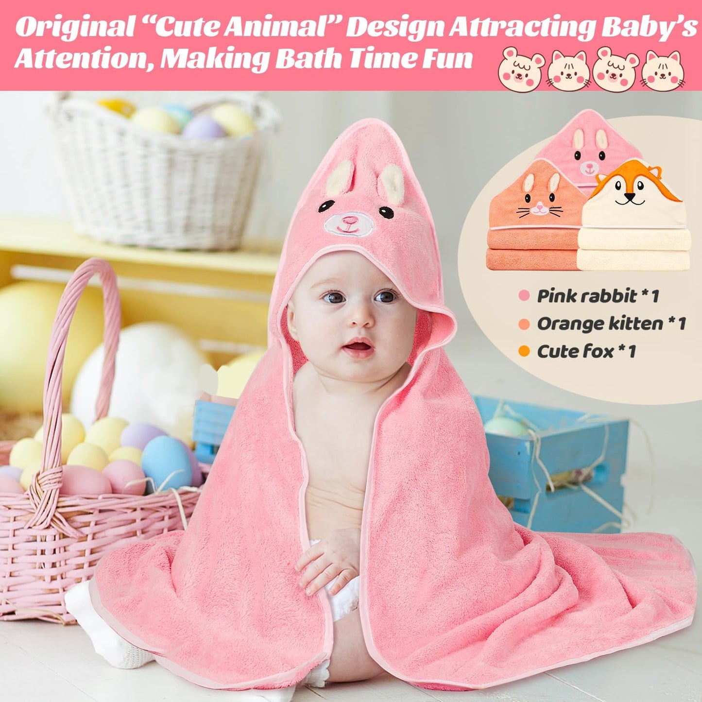 31x31 Inch Baby Hooded Towels, 12Pcs Bath Towels for Girls, Washcloth Set with Cute Design, Shower Towel Gift for Newborns, Infants and Toddlers