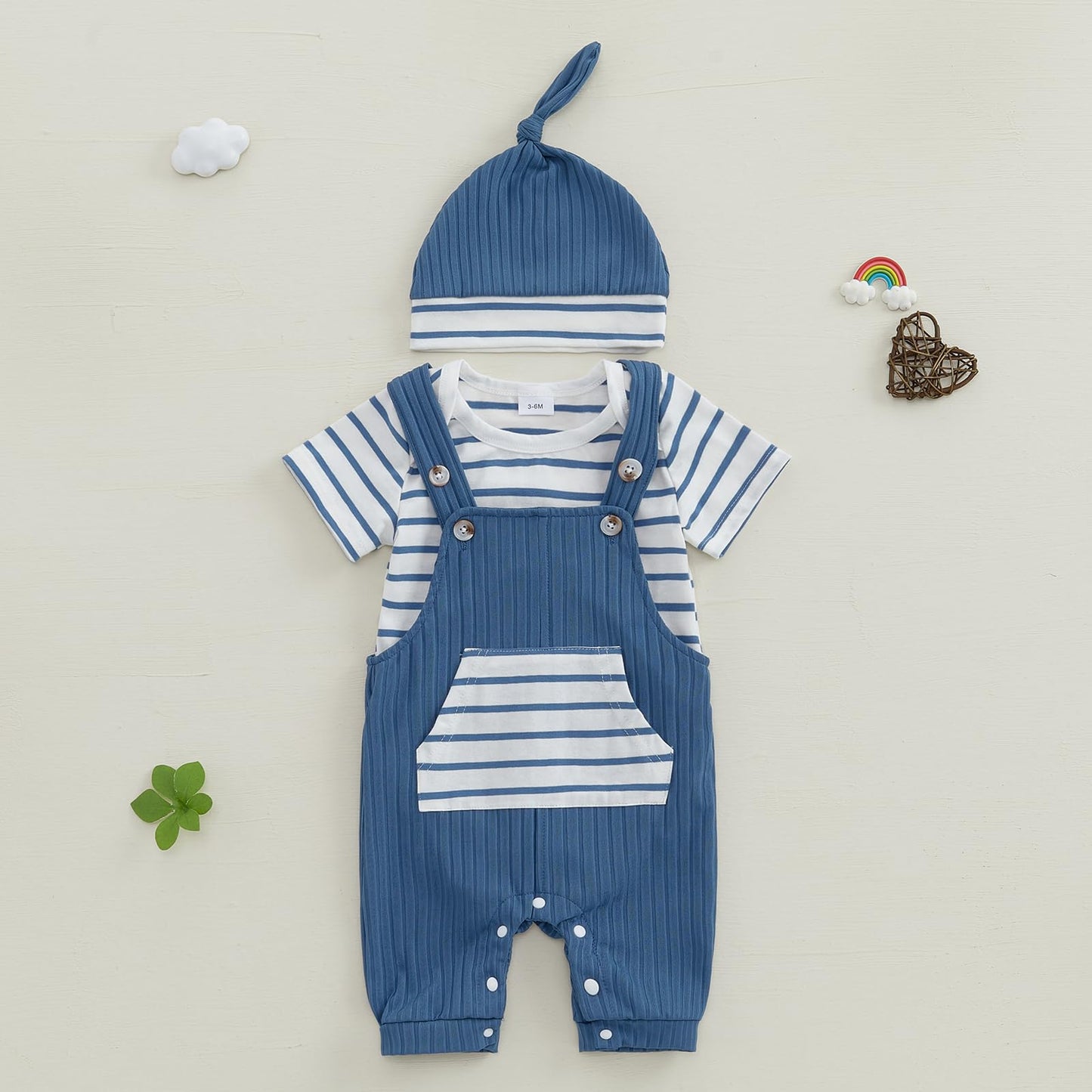 Newborn Baby Boy Summer Clothes Stripe Short Sleeve Romper Suspender Pants Hat 3Pcs Set Cute Coming Home Outfit