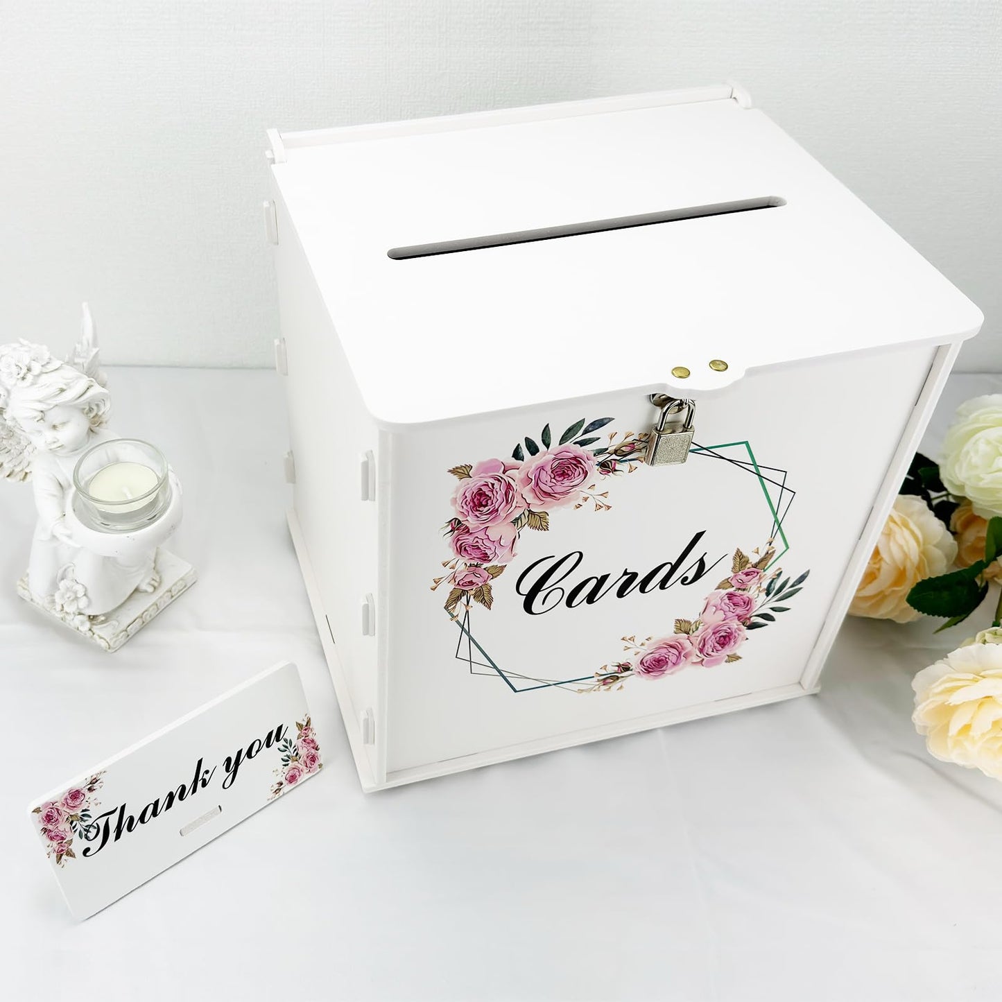 White Wedding Card Box with Lock, Gift Wedding Card Boxes for Reception Money Holder with Rose Sign for Wedding Decorations, Baby Showers, Birthdays, Bridal or Graduation Party Supplies