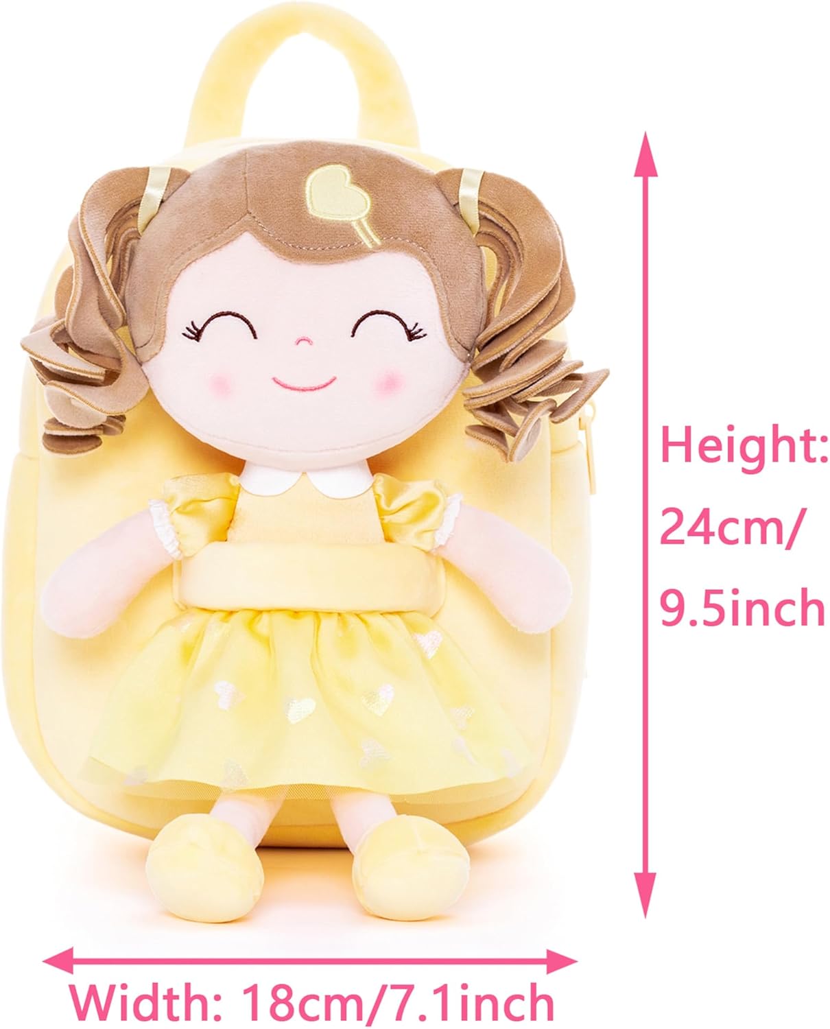 Gloveleya Toddler Backpack Baby Girls Gift Plush Bag Diaper Bag with Spring Girl Doll Curly Hair Girl Toys with Love Yellow 9 Inches