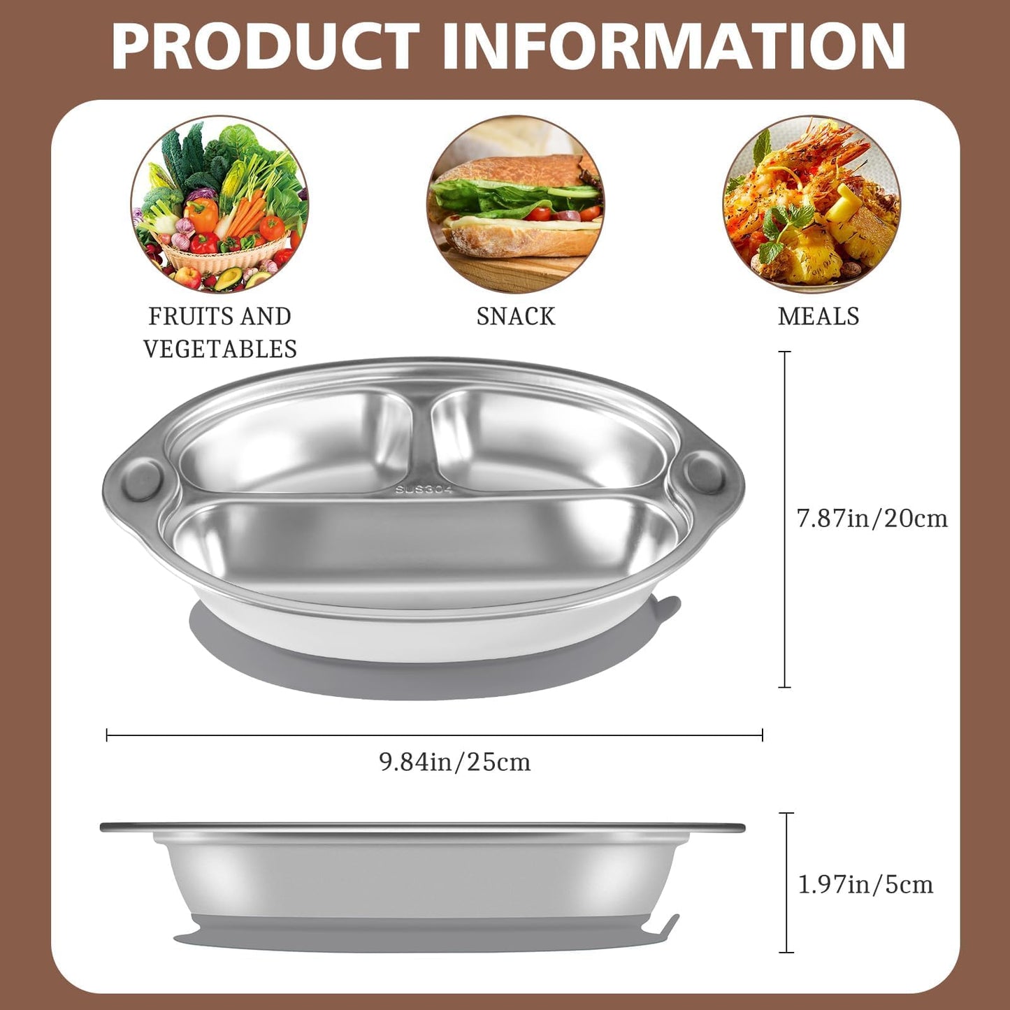 Mrs. Chou® Stainless Steel Baby Suction Plates Divided Designed for Babies and Toddlers, Made of 100% Food-Grade Materials Ideal for Baby-Led Weaning BPA-Free Toddler Feeding Supplies Dishwasher Safe
