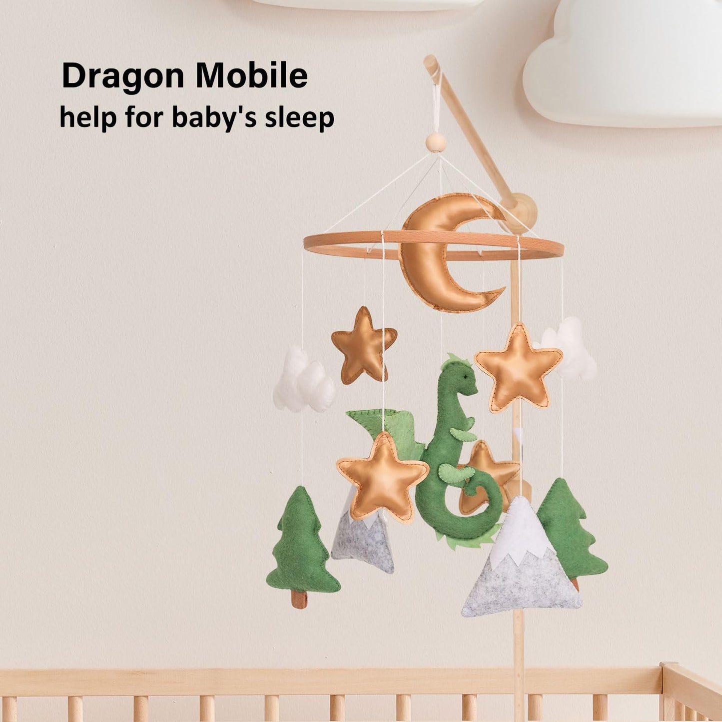 Dragon Baby Mobile, Forest Mobile for Crib, Crib Mobile for Boys and Girls, Nursery Mobile for Bassinet, Pack and Play, Moon, Green Dragon, Cloud, Star, Mountain, Tree