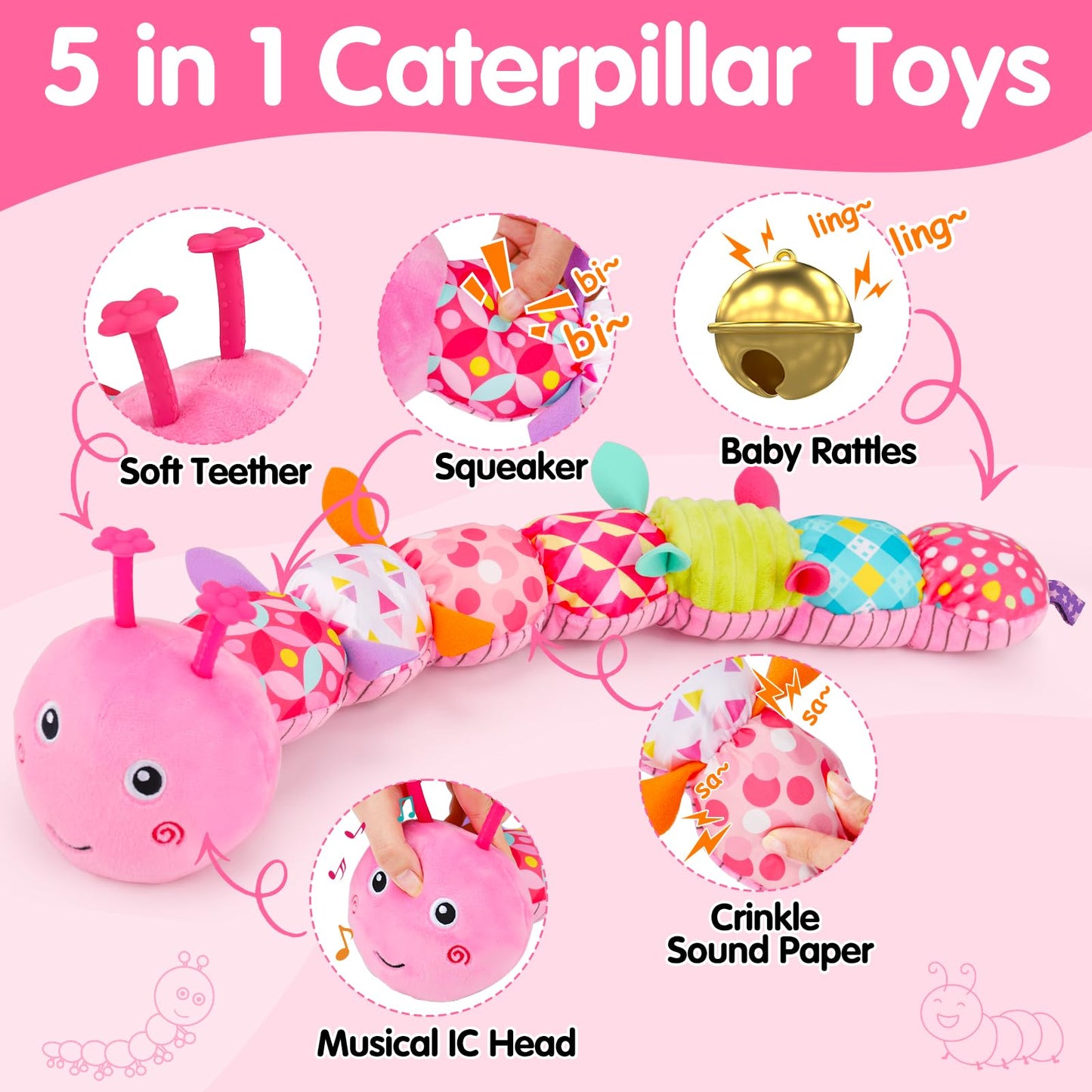 Baby Sensory Toy 0-6 Month Music Animal Stuffed Plush Caterpillar Toy for Infant 0-3-6 Month Tummy Time with Baby Mirror Crinkle Rattle for 6-12 Month Carseat Toy for Newborn Boys Girls Shower Gifts