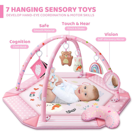 Baby Gym Play Mat, 8-in-1 Tummy Time Mat & Ball Pit with 6 Toys, Washable Baby Activity Mat for Visual, Hearing, Sensory, Motor Development, Baby Gift for Newborn Infant 0-3-6-9-12 Months (Pink)