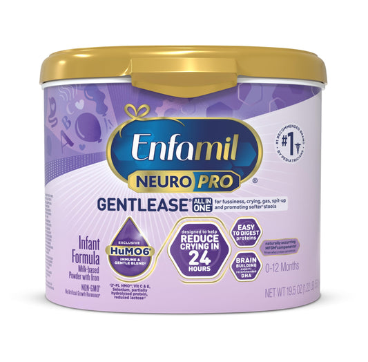 Enfamil NeuroPro Gentlease Baby Formula, Brain Building DHA, HuMO6 Immune Blend, Designed to Reduce Fussiness, Crying, Gas & Spit-up in 24 Hrs, has Prebiotics to Promote Softer Stools, Reusable Tub, 19.5 Oz