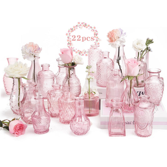 BEAHOT 22 Pack Pink Flower Vase in Bulk,Mini Vintage Glass Bud Vases for Centerpieces,Wedding Decor,Party & Home Decaration,Mother's Day (Pink)