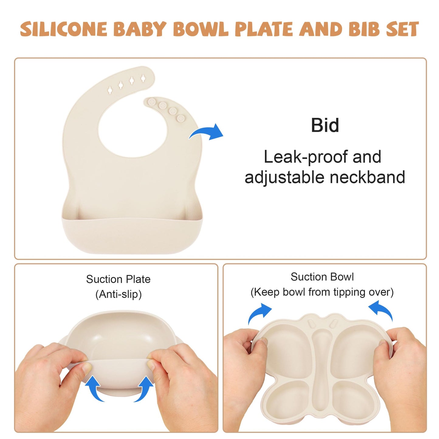 Silicone Baby Feeding Set, Baby Led Weaning Supplies, Silicone Suction Butterfly Plate, Bowl, Spoons, Fork and Waterproof Bib & Cloth Bib, Eating Utensils Baby Feeding Essentials (Purple)