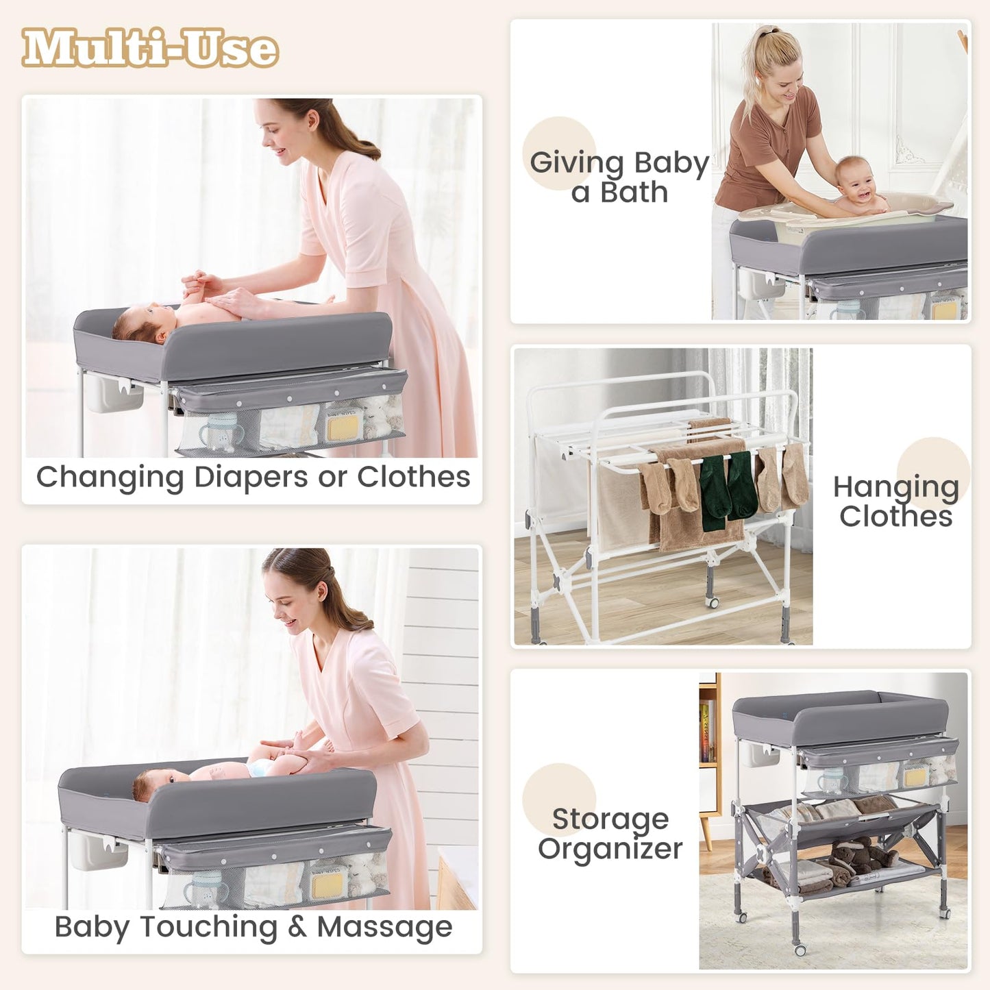 BABY JOY Portable Baby Changing Table, Foldable Waterproof Diaper Changing Station w/Wheels, Adjustable Height, Storage Basket, Shelves & Trash Bin, Mobile Nursery Organizer for Newborn Infant, Beige