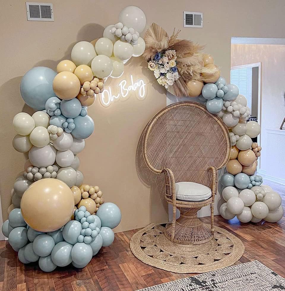 Dusty Blue Brown Balloon Garland Double Stuffed Blue Tan Balloons White Sand Grey Latex Balloons Neutral Balloon Arch Kit For Teddy Bear Baby Shower Boho Birthday Gender Reveal Party Decorations