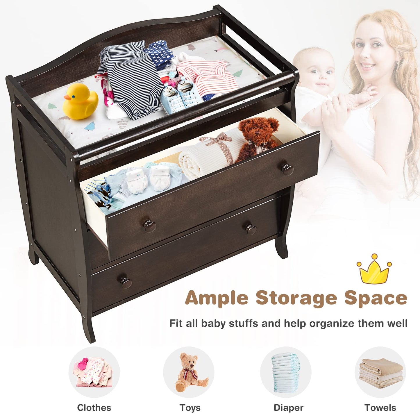 Costzon 3-Drawer Changing Table, Infant Diaper Changing Station with Drawers, Safety Rails & Strap, Baby Changing Table Dresser for Nursery, Easy Assembly (Brown)