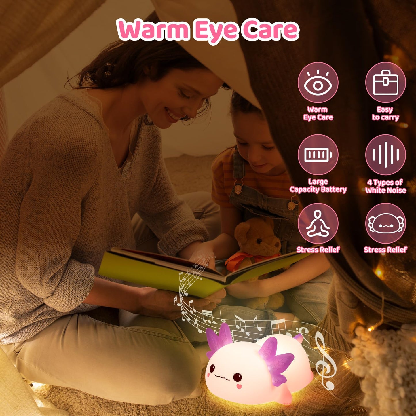 Huggwaii Squishy Axolotl Night Light for Kids – Dimmable Silicone Axolotl Lamp, 2025 Upgraded Baby Night Light, Rechargeable, 20H Battery Life, Sleep Aid Gift for Toddlers, Girls&Room Decor