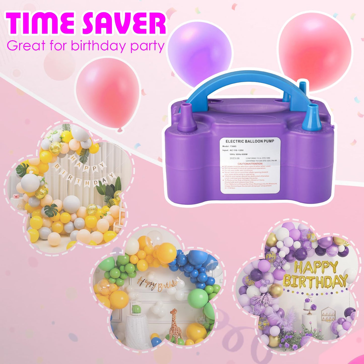 Balloon Pump Electric, Portable Automatic Dual Nozzle Inflator 110V 600W with Tying Tools for Birthday Gender Reveal Baby Shower Balloons Party Decorations