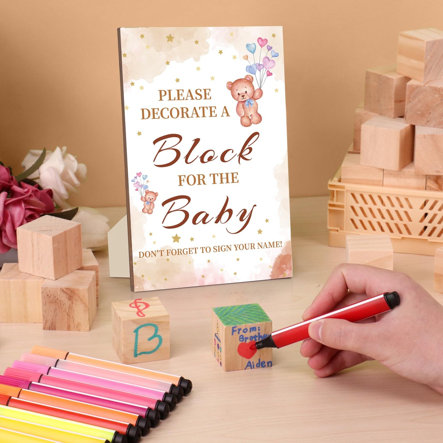 Baby Shower Games Sign Kit with 50 Blank Wooden Baby Blocks, 24 Acrylic Paint Marker and Wooden Sign, Blocks for Baby Shower, Gender Reveals Party(Green)