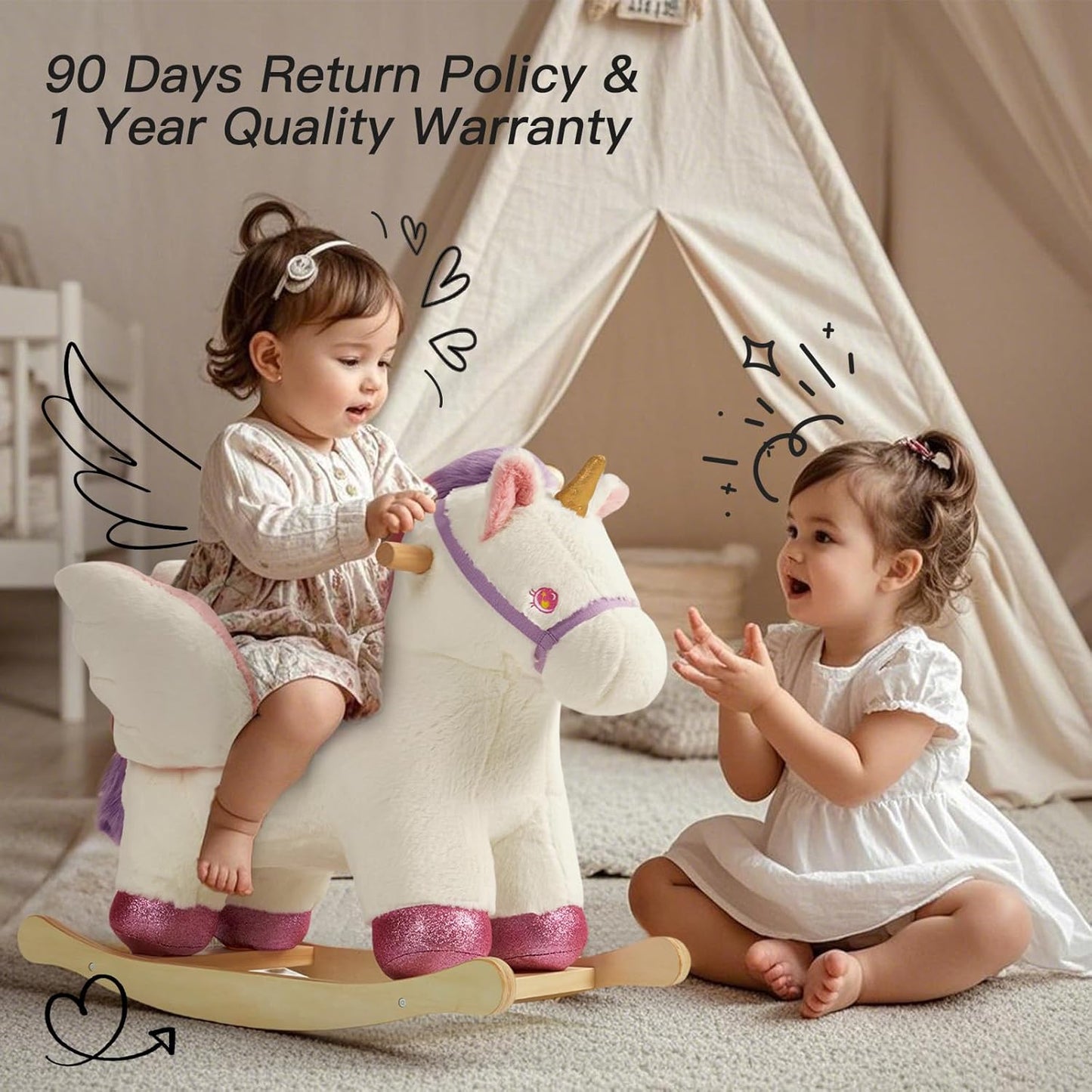 Baby Rocking Horse,Unicorn Wooden Rocking Horse for Toddlers 1 Year Old Cute Pink Stuffed Plush Ride-on Rocking Animal for Baby Girls Nursery/Child Christmas or Birthday Gift