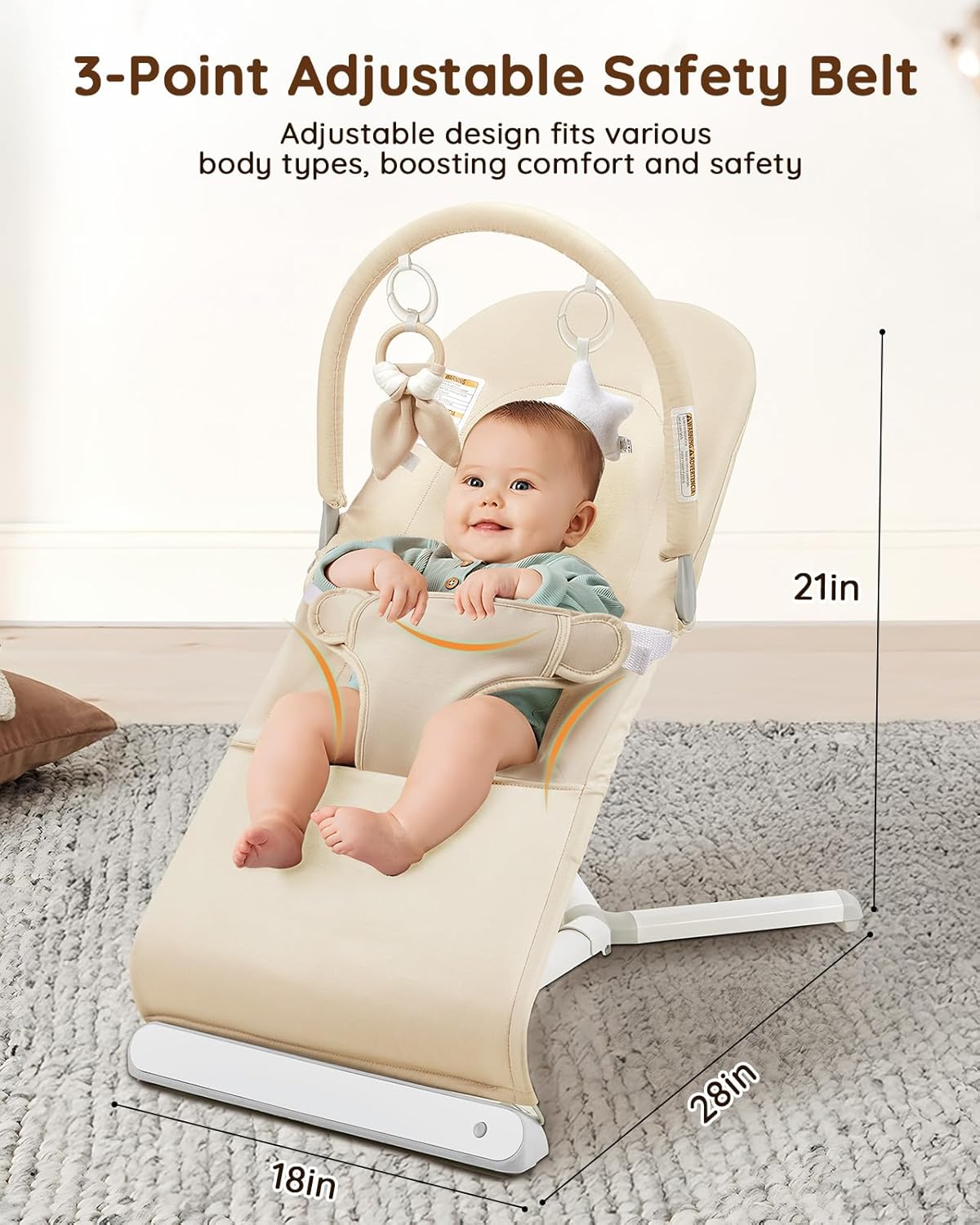 Lilian&Gema Baby Bouncer, Height-Adjustable Infant Bouncer Seat for Babies 0-6 Months, Newborn Bouncer with Soothing Music&Carry Bag, No Assembly