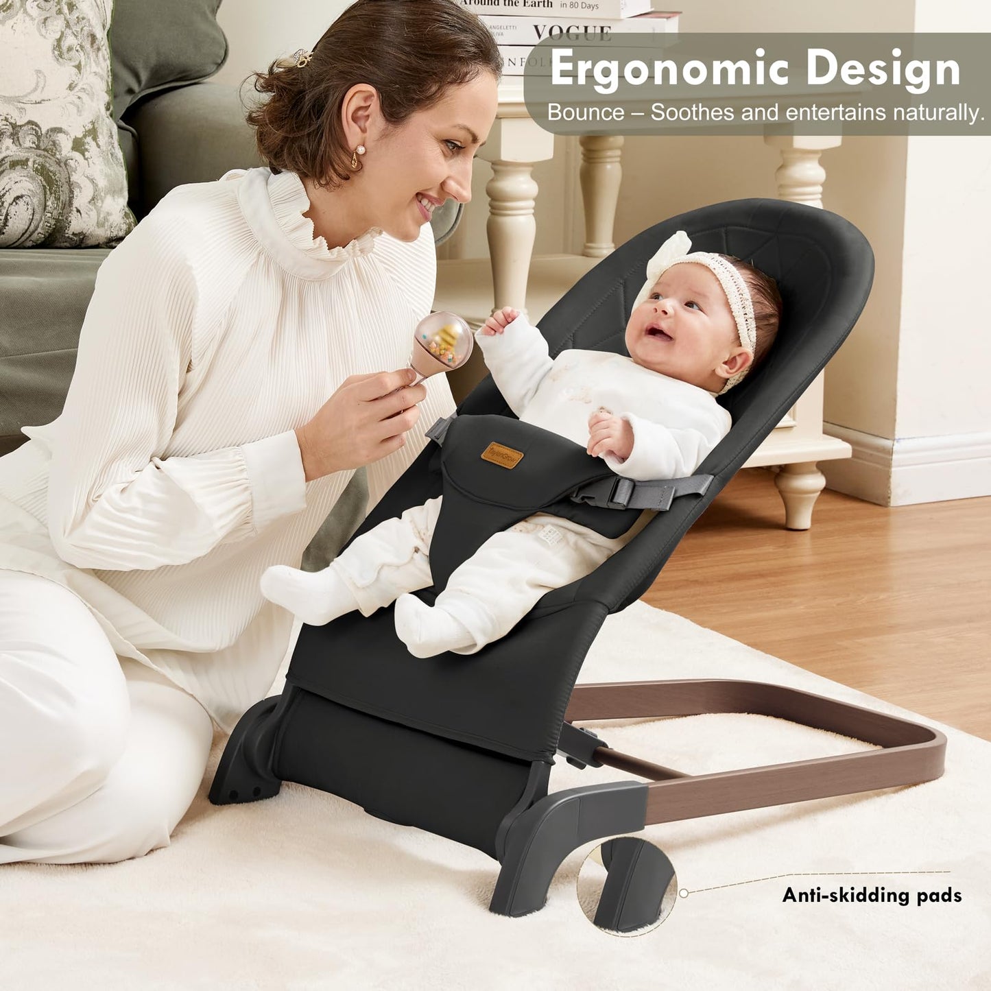 Foldable Baby Bouncer, Baby Seat with 3 Adjustable Heights, Portable Newborn Rocker, Ergonomic Bouncy Seat for Natural Bounce, Bouncer for Babies 0-6 Months, Soft Cotton (Beige)