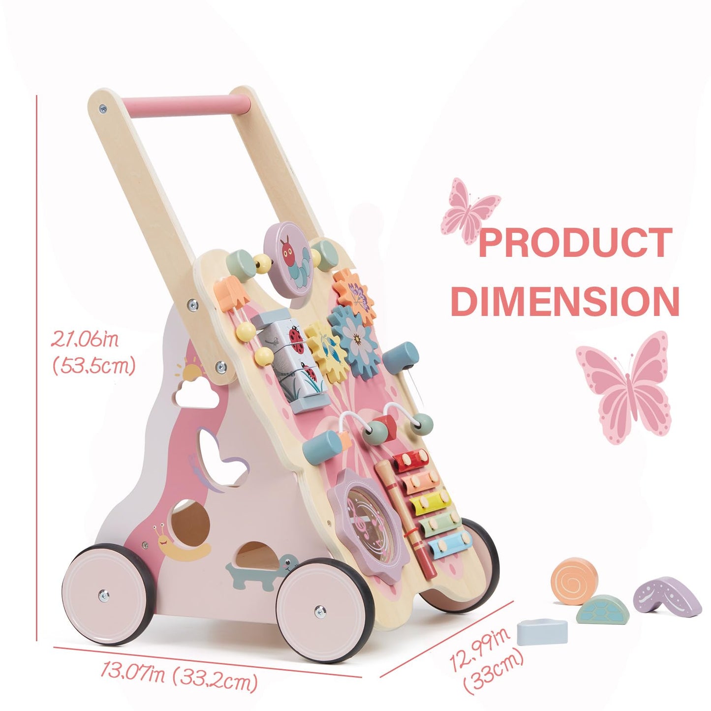 Giant bean Wooden Baby Walker for Girls Toddler Kids 1-3, Pink Butterfly Push and Pull Multiple Learning Activity Walker with Wheels, Christmas Gift Develops Motor Skills & Stimulates Creativity