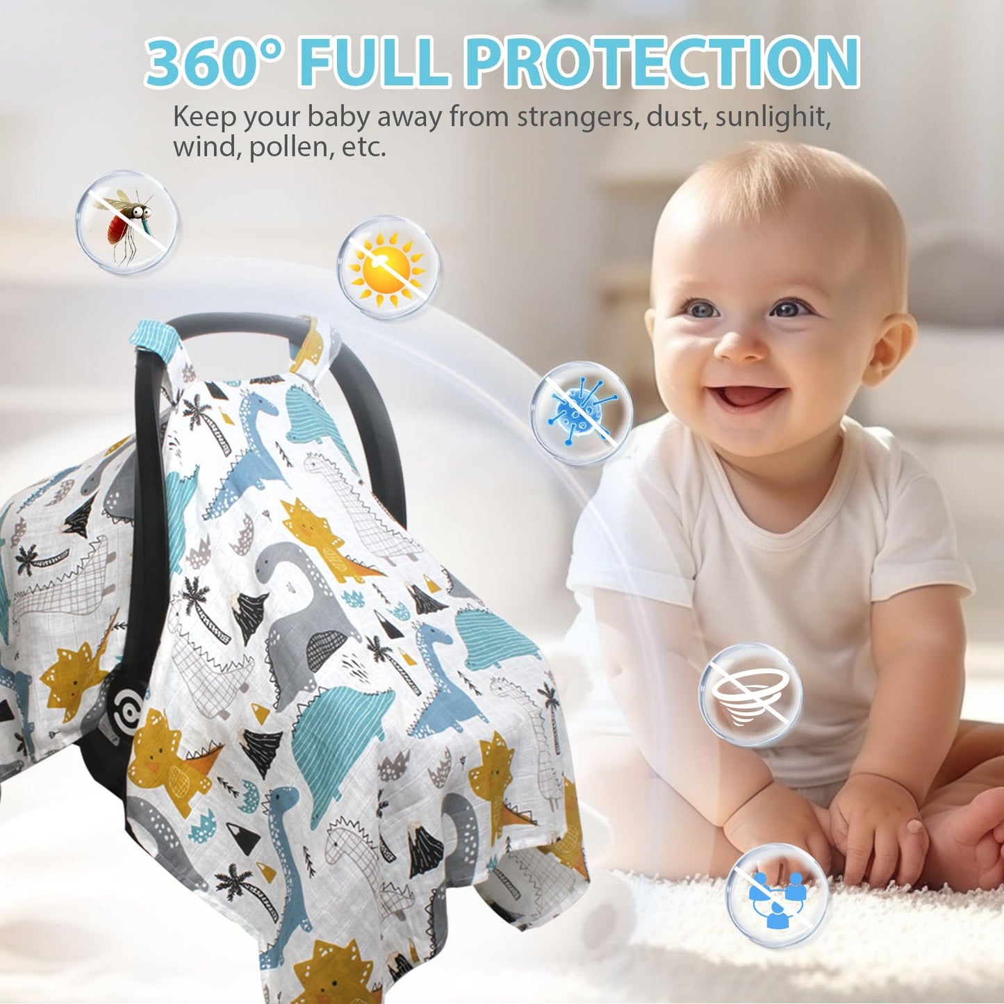 Muslin Baby Car Seat Cover, Breathable Infant Car Seat Cover Lightweight Carseat Canopy Covers for Babies, Universal Fit Stroller Cover for Summer Spring/Hot Days/Warm Weather