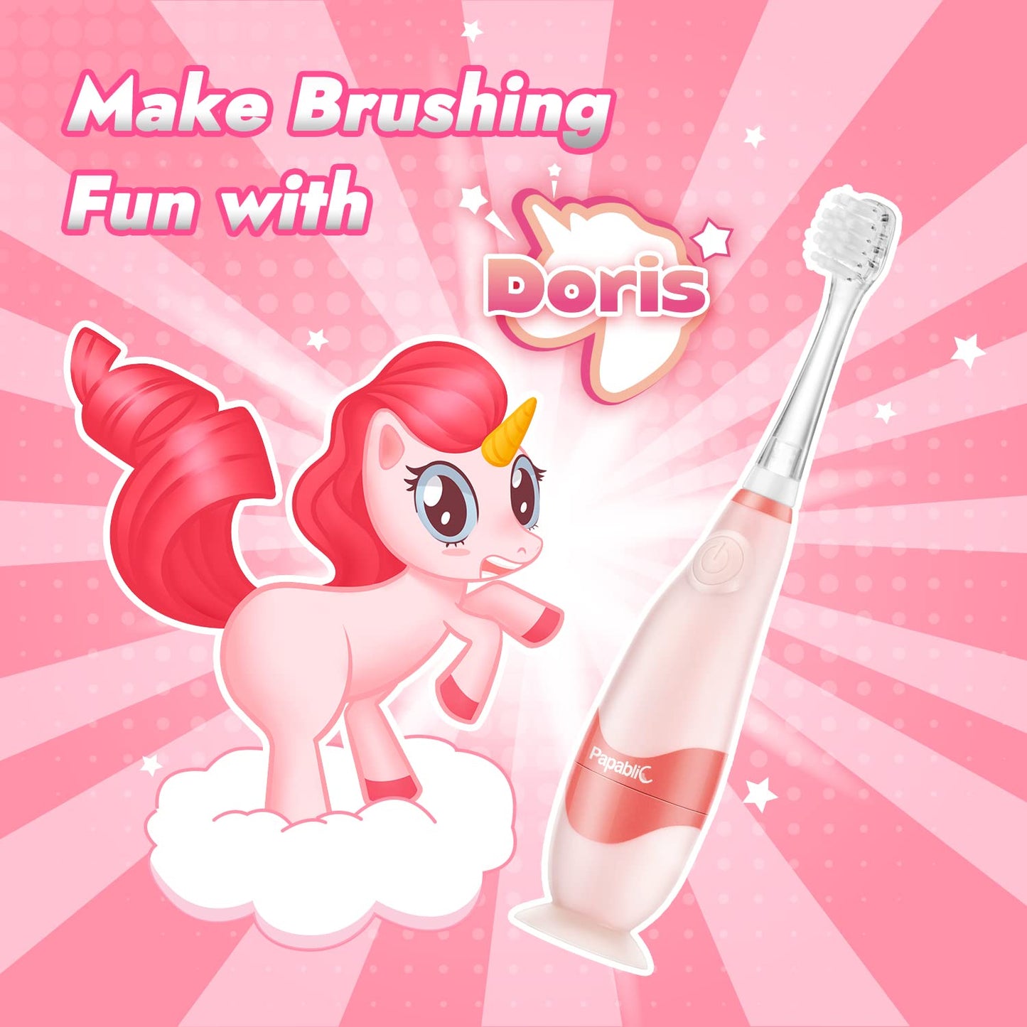 Papablic Toddler Sonic Electric Toothbrush Kids for Ages 1-3 Years, Baby Electric Toothbrush with Cute Unicorn Cover and Smart LED Timer, 4 Brush Heads (Doris)