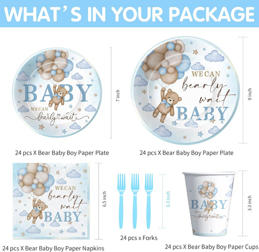 Bear Baby Shower Decorations Party Tableware Boy - Blue Bear We Can Bearly Wait Baby Shower Decorations Supplies, Paper Plates and Napkins Set, Cup, Disposable Forks, 24 Guests