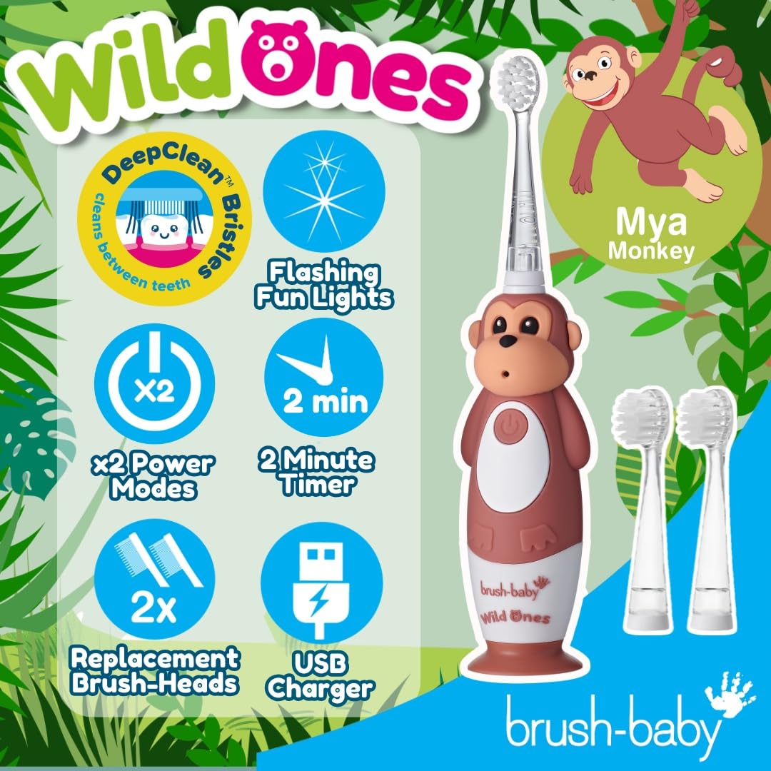 brush-baby WildOnes™ Rechargeable Kids Electric Toothbrush – Toby Tiger | Flashing Lights, 2-Min Timer, Waterproof, 3 Brush Heads | Toddler & Child Toothbrush Ages 0-10 | Soft Bristles