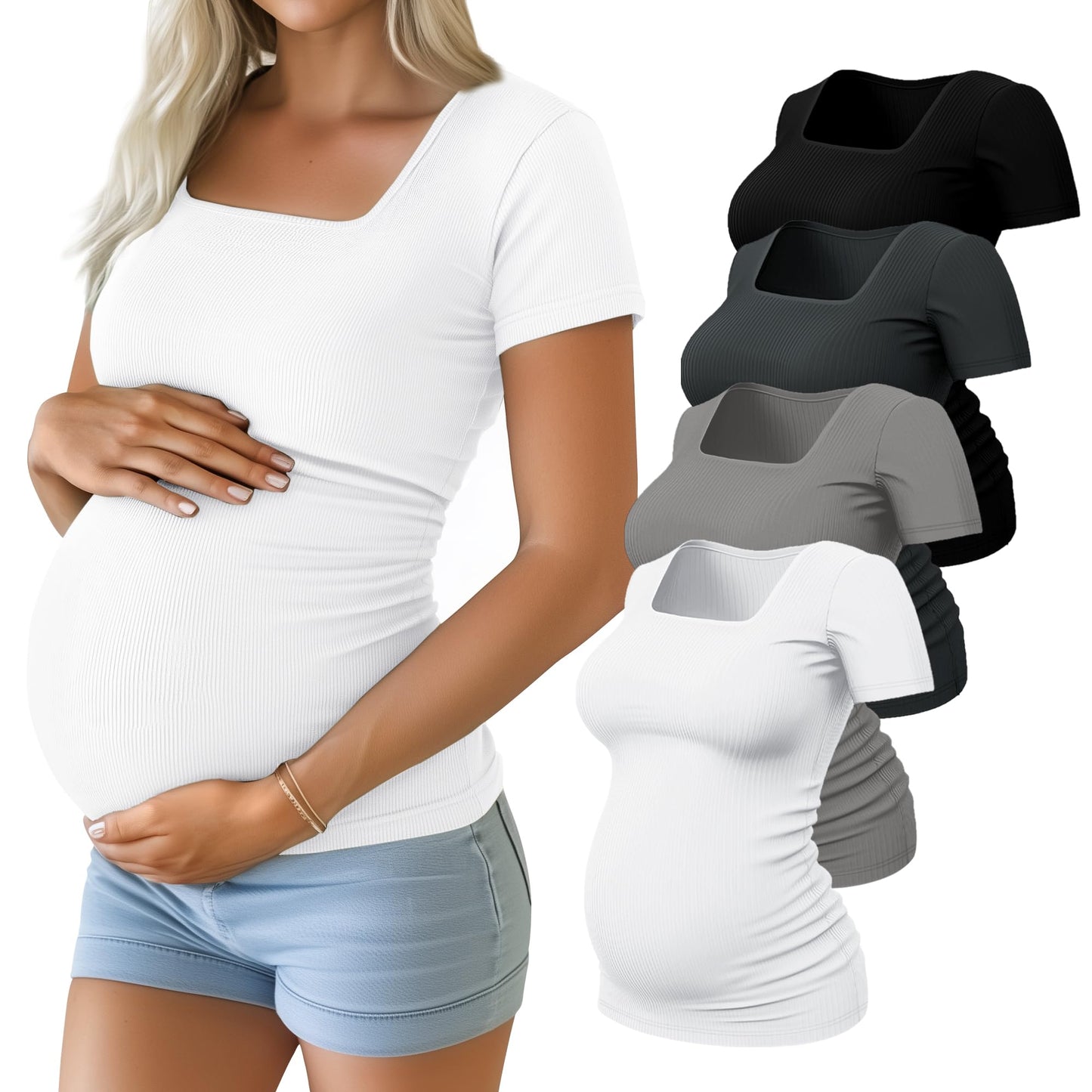 Huukeay 4 Pack Women's Maternity Shirts Cotton Ribbed Short Sleeve Square Neck Pregnancy Tops Side Ruched Summer Tee