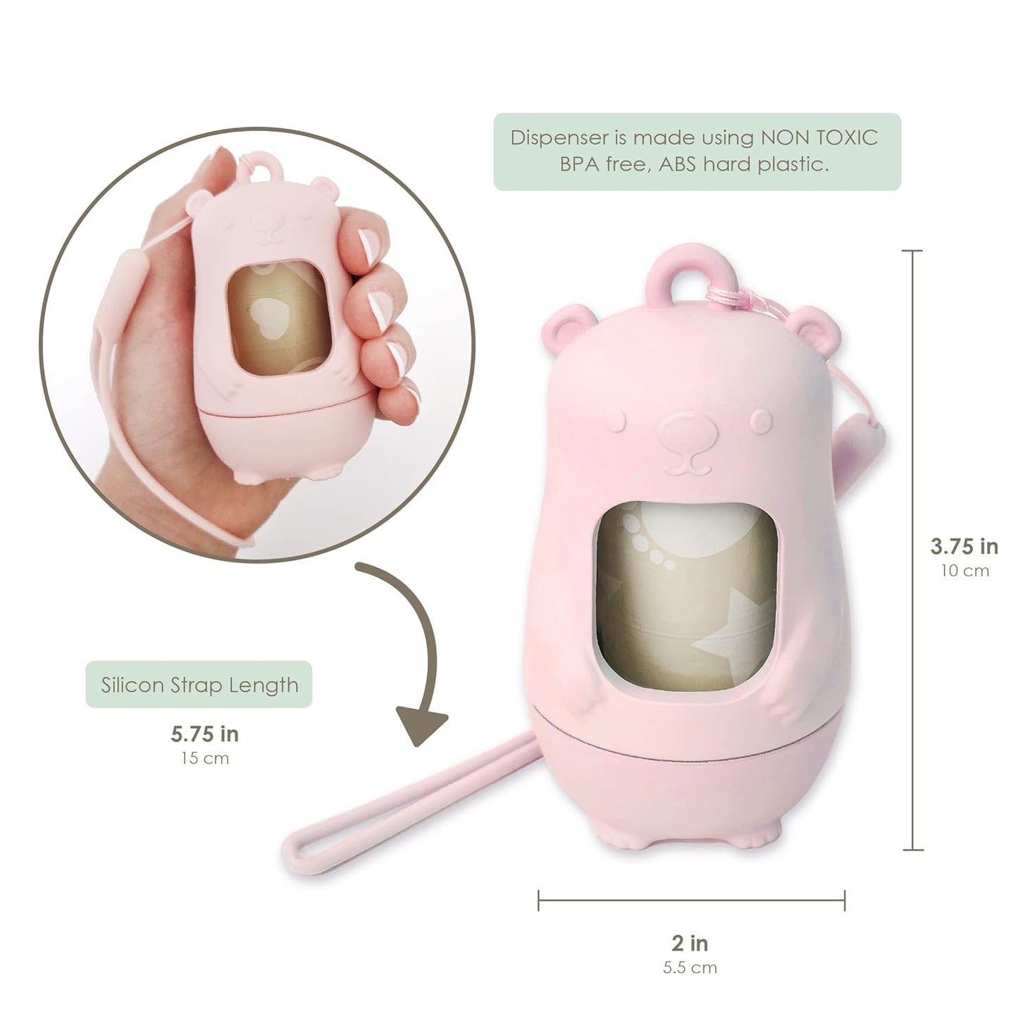Moodie Teddy Bear Diaper Bag Dispenser w/Silicon Strap (ROSIE PINK) & 6 Refill Roll PACK (UNSCENTED - 105 Bags TOTAL) | Diaper Bag Essential Items