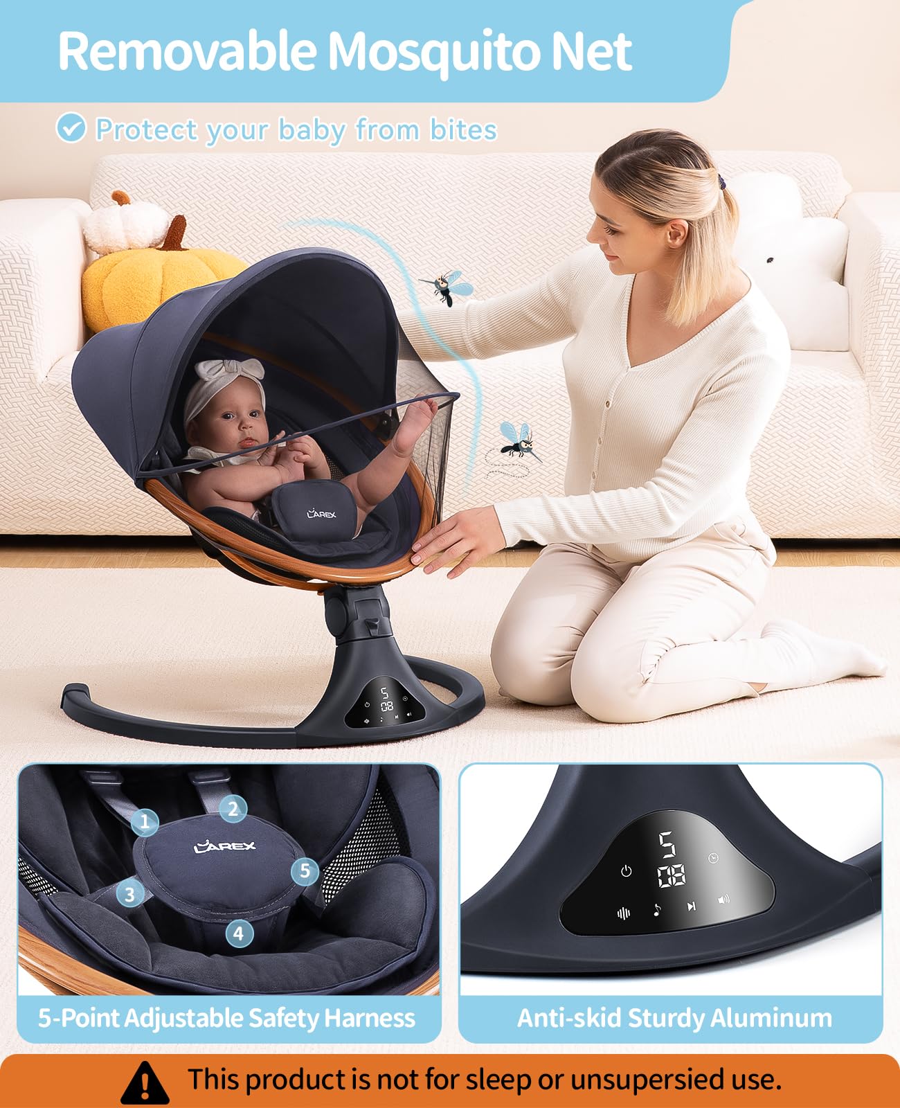 LAREX Baby Swing to Toddler Electric Infant Swing Portable for Newborn Boy Girl, 5 Sway Speeds with Remote Control, 12 Preset Melodies and Bluetooth, 0-6 Months Max 20 Lbs(Dark Wood Grain)