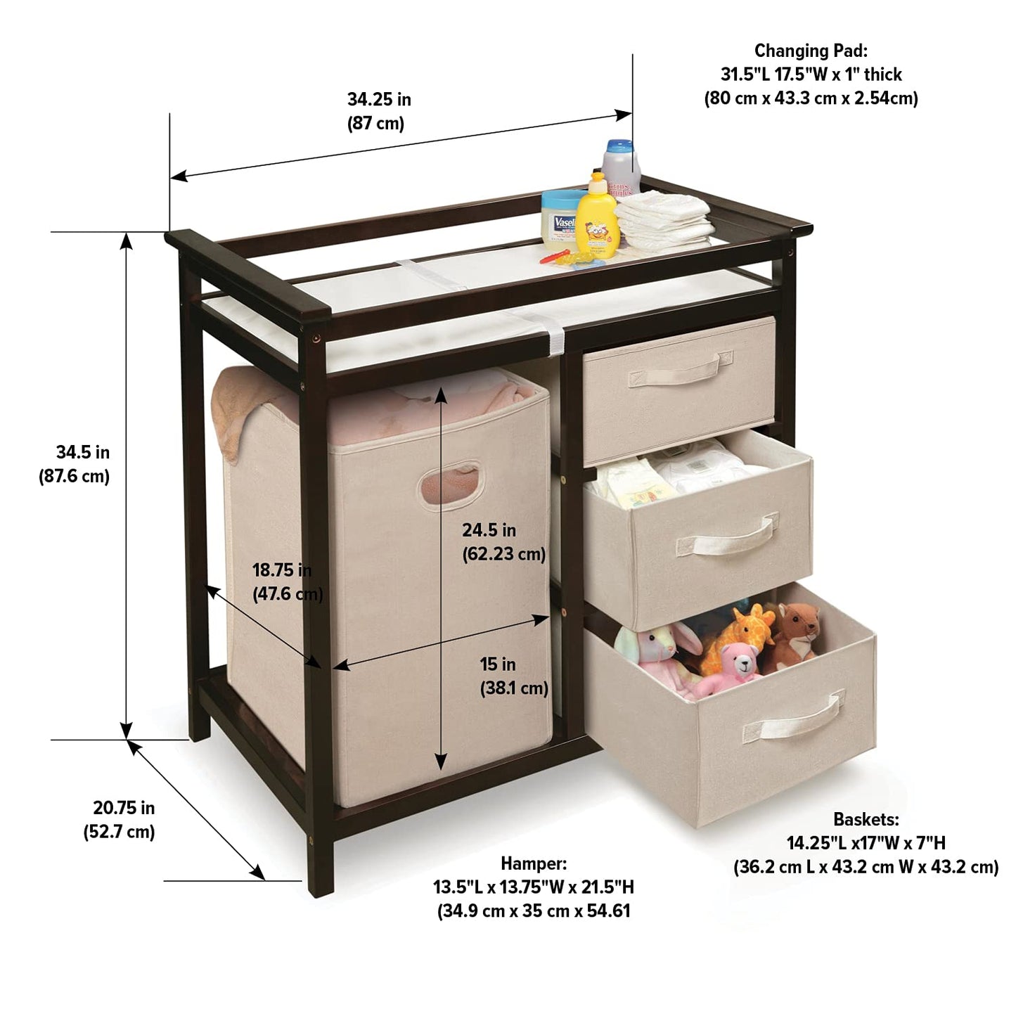 Badger Basket Modern Baby Changing Table - Portable Diaper Station with 3 Drawers Pad & Hamper - Storage Organizer for Baby Clothes, Diapers & Toys - Fresh White/White (34.25 x 20.75 x 34.5)
