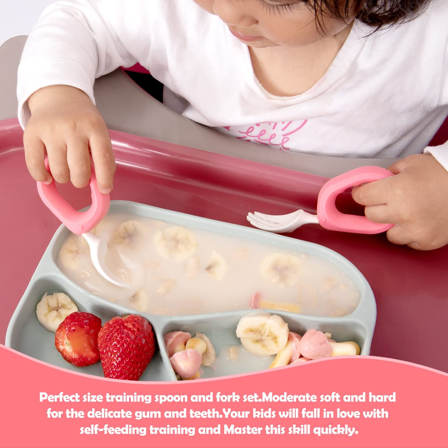 Baby Self Feeding Training Spoon and Fork Set with Travel Case, BPA-Free Cute Circle Toddler Training Utensils, Silicone/ABS Great Tableware Set Spoons Fork for Kids(Yellow)