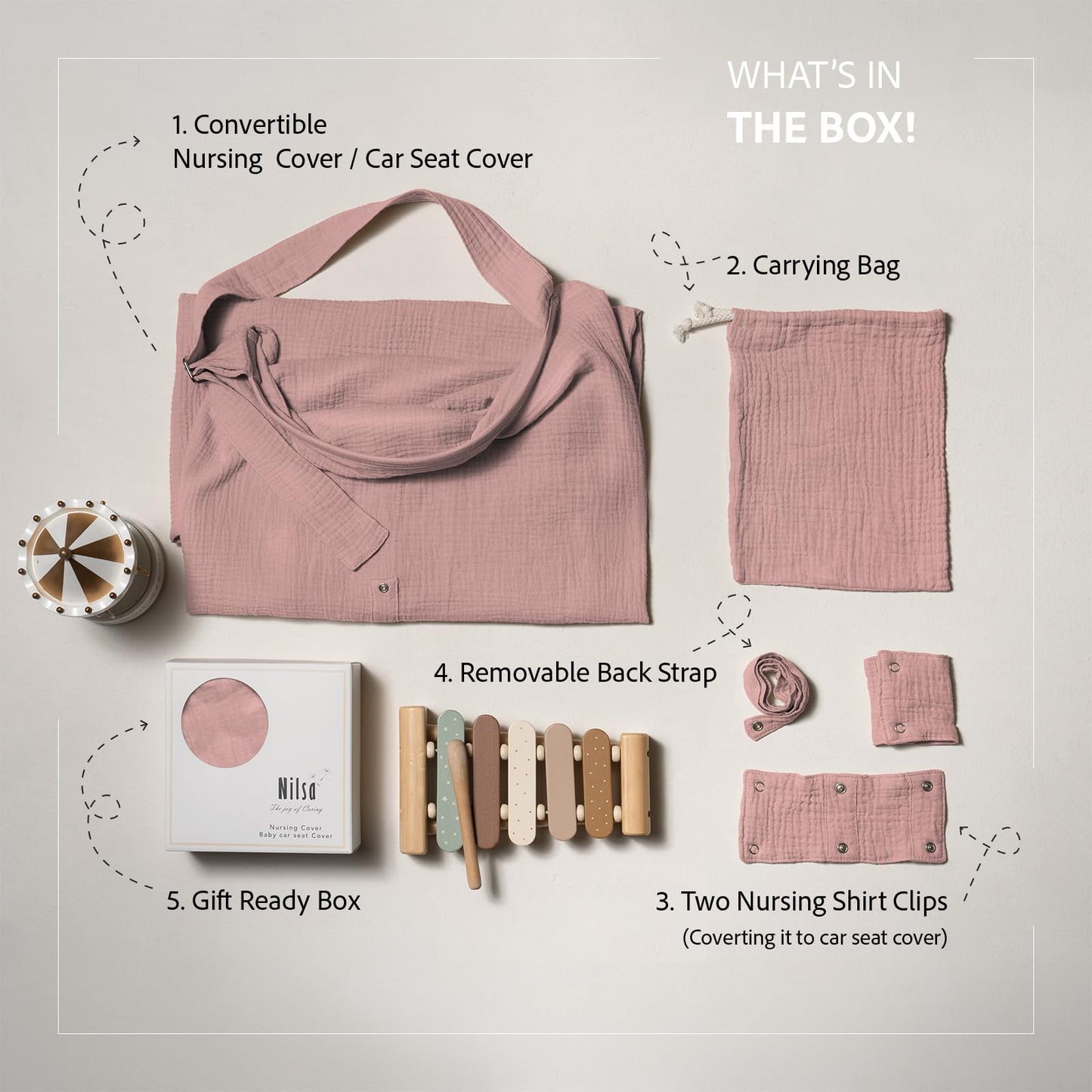 Nilsa 5-in-1 Muslin Nursing Cover up for Breastfeeding & Baby Car Seat Cover - Breathable Breastfeeding Cover With Rigid Hoop - 100% Cotton Privacy Apron Breast Feeding Covers For Women (Blush)