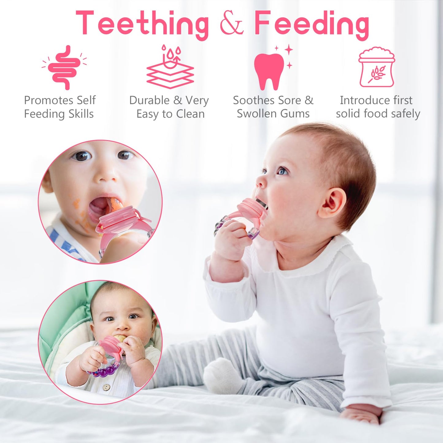 Food Feeder for Baby, Fruit Feeder Pacifier (3 Pcs) with 6 Different Sized Silicone Pacifiers 1 PCS Silicone Baby Food Dispensing Spoon 90ML with 1 PC Baby Spoons 1 PC Pacifier Clip Baby Feeding Set
