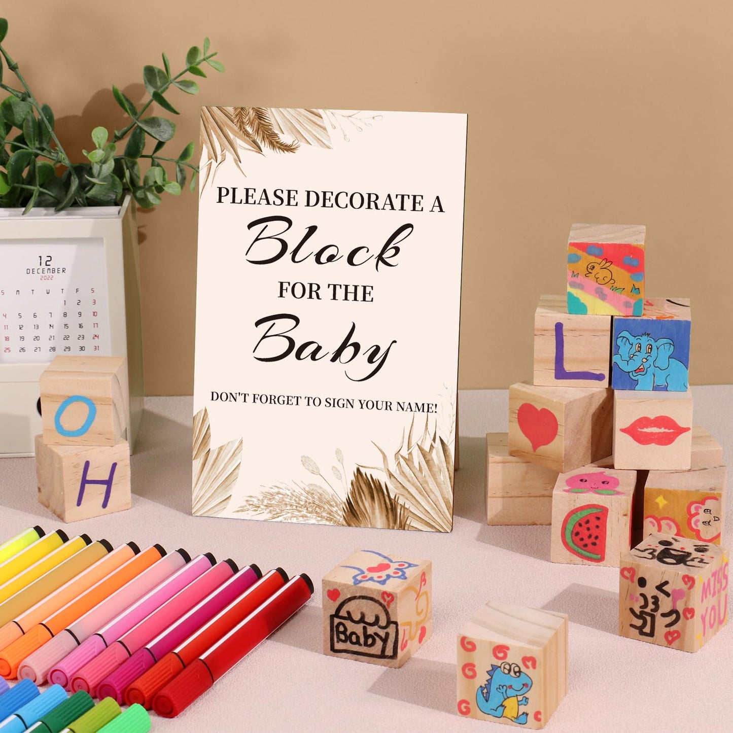 Baby Shower Games Sign Kit with 50 Blank Wooden Baby Blocks, 24 Acrylic Paint Marker and Wooden Sign, Blocks for Baby Shower, Gender Reveals Party(Green)