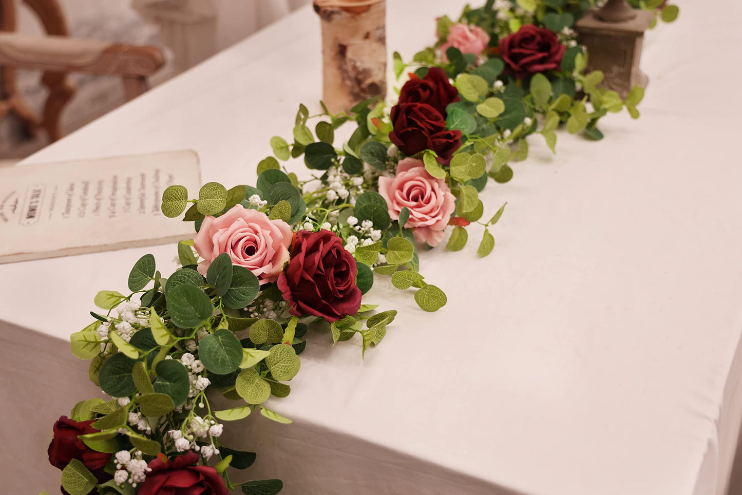 Anna's Whimsy 5.91FT Artificial Eucalyptus Garland with Flowers, Fake Flower Rose Gypsophila, Faux Floral Greenery Garland for Wedding Spring Home Party Craft Art Table Runner Decor