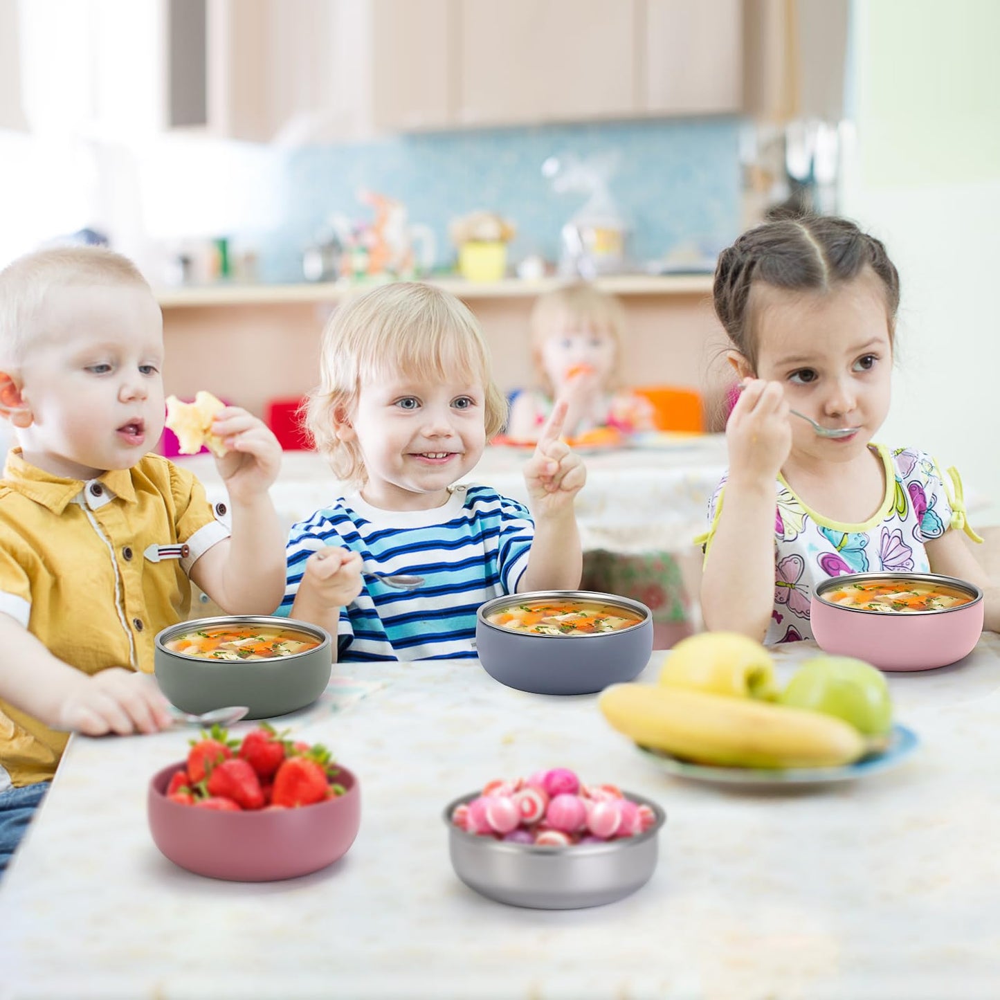 ShineMe 4 pack Baby Bowls, 5 Inches Wide Stainless Steel Bowls for Kids with Removable Colorful Silicone Sleeve, Unbreakable Toddler Bowls for Soup, Cereal, Yogurt, Snacks...