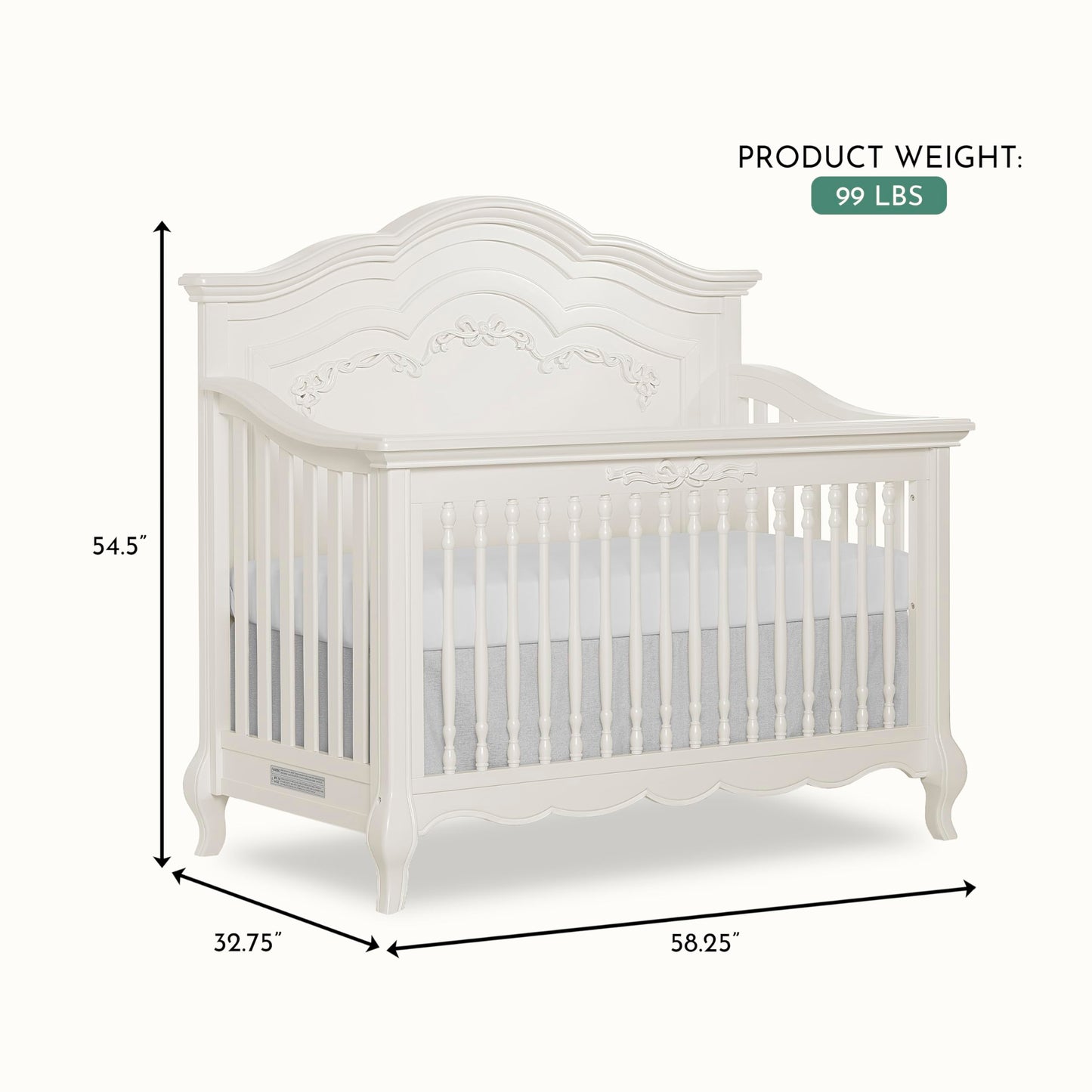Evolur Aurora 5-in-1 Convertible Crib in Ivory Lace, Greenguard Gold Certified, Features 3 Mattress Height Settings, Sturdy and Spacious Baby Crib, Wooden Furniture